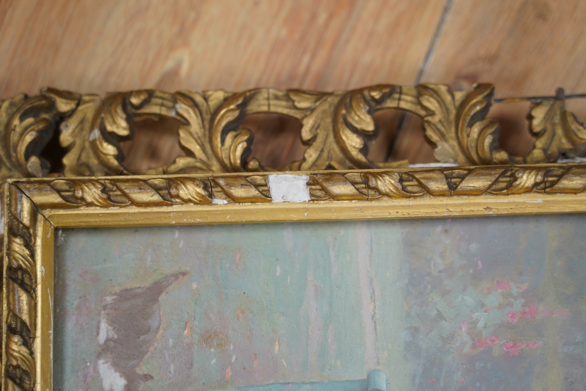 Monog, oil, 'What Will she Say', monogrammed, 24.5 x 19cm, ornate gilt framed. Condition - fair, losses to the frame